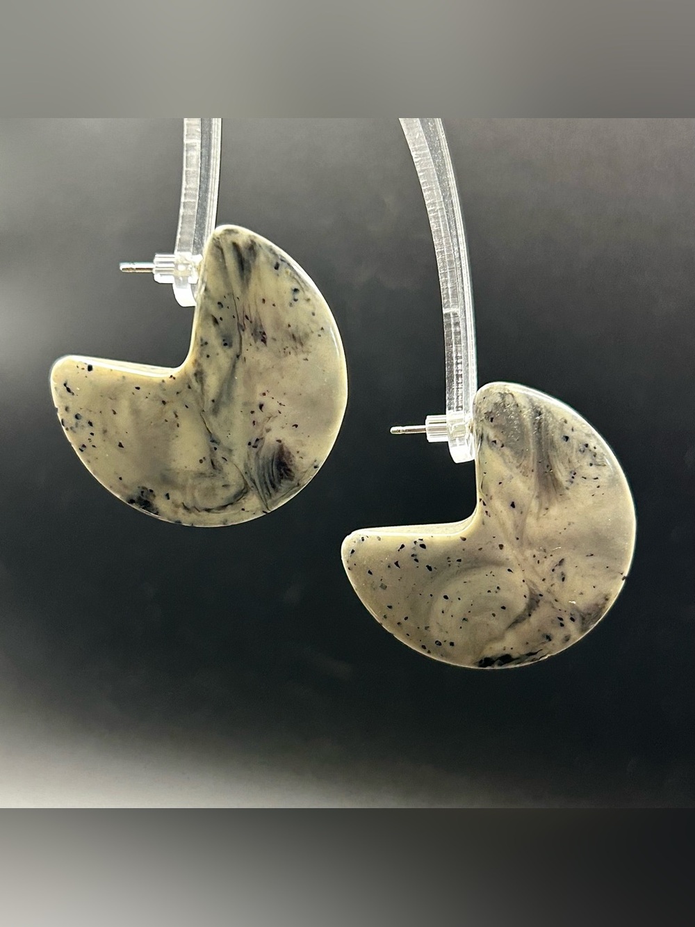 Marbled Crescent Hoop Earrings in Cream and Black - Silver Post Back, Lighweight